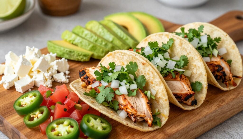 A vibrant and appetizing display of marinated chicken taco toppings, featuring fresh, chopped cilantro, finely diced onions, and ripe, juicy tomato salsa. In the foreground, a colorful assortment of sliced jalapeños and a wedge of lime adds a zesty touch. The middle ground showcases a wooden cutting board with various toppings artfully arranged, including crumbled queso fresco and bright, green avocado slices. In the background, an inviting kitchen setting with soft, natural lighting creates a warm and earthy atmosphere, enhancing the overall mood. The scene is captured from a slightly overhead angle, emphasizing the textures and colors of the fresh ingredients, perfect for evoking a sense of delicious anticipation for preparing flavorful tacos.
