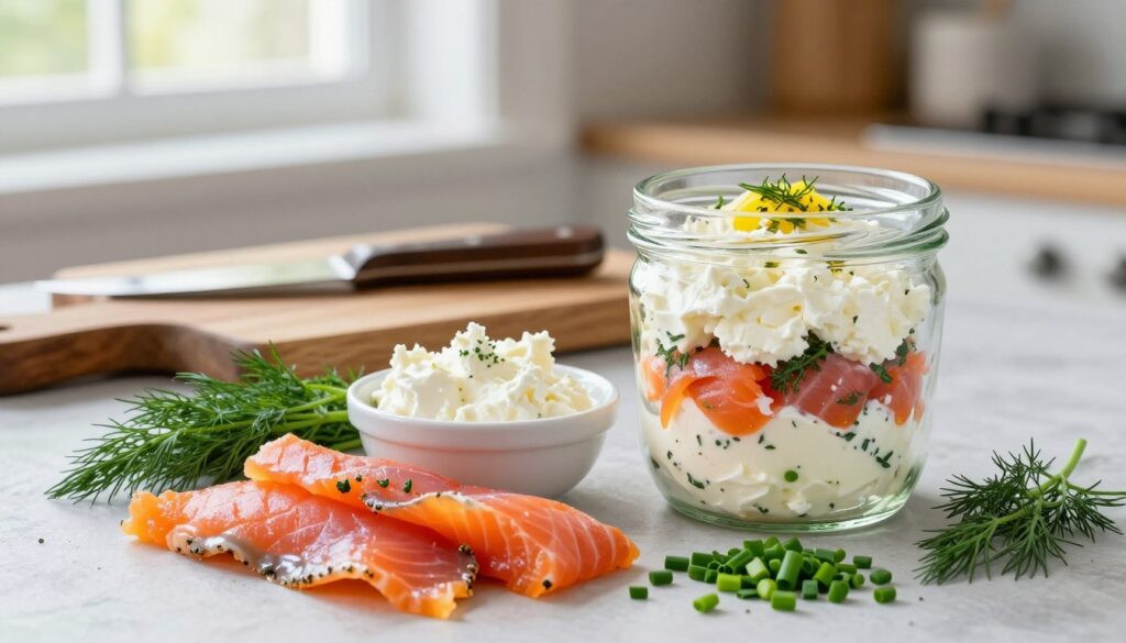 A vibrant and appetizing display of the essential ingredients for a smoked salmon, ricotta, chive, and dill verrine recipe. In the foreground, showcase a beautifully arranged collection of fresh ingredients: slices of smoked salmon, a small bowl of creamy ricotta cheese, sprigs of fresh dill, and finely chopped chives. Include a glass jar or verrine showcasing layers of the mixture, with a hint of lemon zest for contrast. In the middle ground, add rustic wooden cutting boards and a sharp knife, hinting at the preparation process. The background features a soft-focus kitchen ambiance, with natural light coming from a nearby window, casting gentle shadows and enhancing the fresh colors. The mood is inviting and culinary-focused, perfect for a cooking enthusiast.