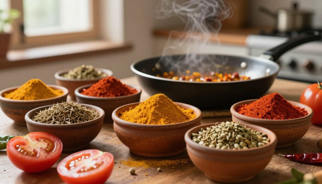 A vibrant and colorful spice blend for masala eggs, beautifully arranged in small, rustic bowls. The spices include turmeric, cumin, coriander, and red chili powder, each with its distinct hue, creating an inviting and aromatic display. In the foreground, fresh tomatoes are sliced and scattered, showcasing their juicy red flesh, adding a hint of freshness. The middle ground features a frying pan with the blended spices being sautéed, with steam rising gently. The background consists of a warm, rustic kitchen setting, with soft, natural lighting filtering through a nearby window, casting gentle shadows. The mood is cozy and inviting, perfect for illustrating the essence of authentic Indian flavors in home cooking.