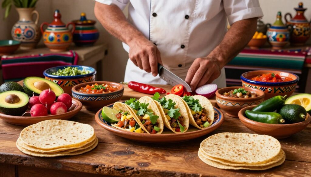 A vibrant and colorful spread of authentic Mexican cuisine, prominently featuring a beautifully arranged platter of freshly made tacos, garnished with cilantro, lime wedges, and a variety of salsas in traditional clay bowls. In the foreground, include a rustic wooden table with a stack of homemade corn tortillas and an assortment of vibrant vegetables like avocados, radishes, and jalapeños. The middle ground showcases a chef in modest casual attire skillfully preparing ingredients, methodically chopping chiles and onions. The background is filled with decorative artifacts like colorful pottery and woven textiles, all bathed in warm, natural lighting that casts soft shadows, creating an inviting and appetizing atmosphere that conveys the essence of authentic Mexican cuisine. A vibrant and colorful spread of authentic Mexican cuisine, prominently featuring a beautifully arranged platter of freshly made tacos, garnished with cilantro, lime wedges, and a variety of salsas in traditional clay bowls. In the foreground, include a rustic wooden table with a stack of homemade corn tortillas and an assortment of vibrant vegetables like avocados, radishes, and jalapeños. The middle ground showcases a chef in modest casual attire skillfully preparing ingredients, methodically chopping chiles and onions. The background is filled with decorative artifacts like colorful pottery and woven textiles, all bathed in warm, natural lighting that casts soft shadows, creating an inviting and appetizing atmosphere that conveys the essence of authentic Mexican cuisine.
