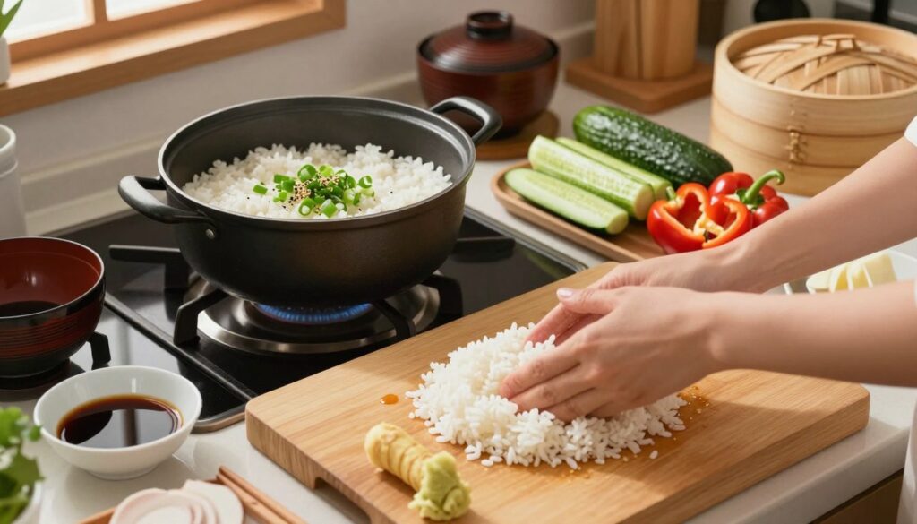 A vibrant and detailed kitchen scene featuring the step-by-step preparation of a Japanese wasabi rice recipe. In the foreground, a wooden cutting board displays sushi rice being rinsed, with fresh wasabi roots and a small bowl of soy sauce nearby. The middle of the image shows a pot on a stove, simmering rice, with chopped green onions and sesame seeds ready for garnish. Brightly colored vegetables like bell peppers and cucumbers are artfully arranged for added visual appeal. The background captures a well-organized kitchen counter with traditional Japanese utensils and a bamboo steamer. Warm, natural lighting illuminates the scene, creating a cozy, inviting atmosphere. The camera angle is slightly elevated for a clear view, highlighting the intricate details of the ingredients and the cooking process.