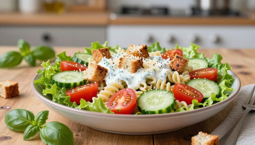 A vibrant and enticing healthy Caesar pasta salad, featuring whole grain pasta mixed with fresh romaine lettuce, cherry tomatoes, and cucumber slices. The salad is garnished with a light, creamy Caesar dressing made from Greek yogurt and topped with homemade whole wheat croutons and a sprinkle of Parmesan cheese. In the foreground, a serving bowl filled with the colorful ingredients is surrounded by fresh herbs like basil and parsley. Soft, natural lighting bathes the scene, bringing out the freshness of the vegetables and the textures of the pasta. The background includes a rustic wooden table, with a blurred kitchen setting that adds warmth and an inviting atmosphere, suggesting a wholesome, homemade meal. The overall mood is fresh, healthy, and appetizing, perfect for a summer day.