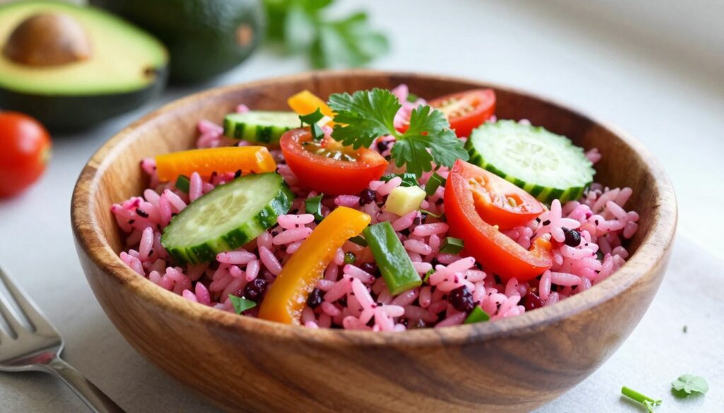 A vibrant and healthy pink rice salad with an array of colorful vegetables, such as diced bell peppers, cucumber slices, cherry tomatoes, and fresh herbs, arranged artfully in a rustic wooden bowl. The pink rice, made from cooking with beetroot, contrasts beautifully with the green vegetables, showcasing a fresh and appetizing look. The setting features a softly lit kitchen countertop with natural light illuminating the salad, creating an inviting atmosphere. In the background, a subtle blur of fresh produce like avocados and leafy greens suggests a wholesome, healthy lifestyle. The focus should be on the texture and colors of the salad, with a slight overhead angle to capture the intricate details of the ingredients, evoking a sense of freshness and healthiness in the image.