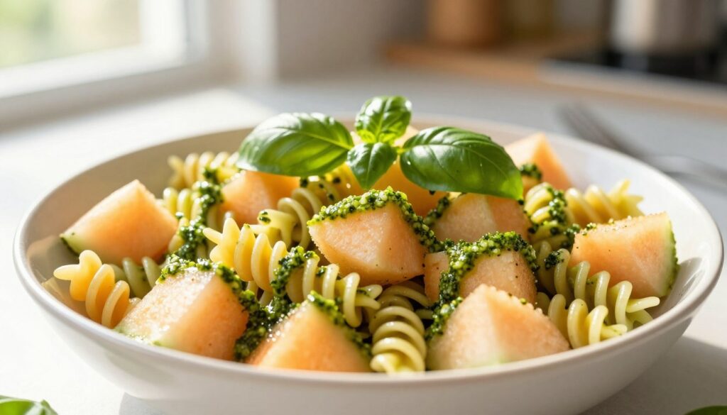 A vibrant and inviting bowl of melon pesto pasta salad set against a soft-focus kitchen background. In the foreground, the salad is artfully arranged with colorful spiral pasta, juicy cubed melon pieces, and a generous drizzle of bright green pesto. Fresh basil leaves are sprinkled on top, adding a touch of freshness. Sunlight streams from a nearby window, casting a warm glow over the dish, enhancing the rich colors and textures. The camera angle is slightly above the bowl, offering a tantalizing view of the delicious ingredients. The mood is cheerful and refreshing, perfectly capturing the essence of a summer meal. The scene is devoid of any text or watermarks, emphasizing the beauty of the salad itself.