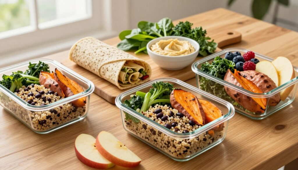 A vibrant and inviting high-fiber lunch meal prep scene set on a wooden table. In the foreground, neatly arranged glass containers filled with colorful, healthy options like mixed quinoa salad with black beans, roasted sweet potatoes, and a variety of steamed vegetables. Fresh fruits such as berries and apple slices are visible, adding a pop of color. In the middle ground, a cutting board showcases whole grain wraps and a bowl of hummus for dipping, surrounded by greens like spinach and kale. The background features soft, natural lighting streaming in from a nearby window, creating a warm and welcoming atmosphere. The angle is slightly overhead, capturing the array of healthy dishes while emphasizing their freshness and appeal, perfect for promoting digestive health.