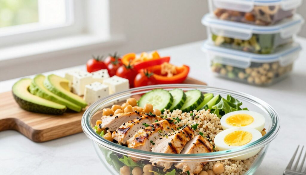 A vibrant and organized lunch setting featuring a variety of protein sources suitable for meal prep salads. In the foreground, a large clear bowl filled with colorful ingredients such as grilled chicken, chickpeas, quinoa, and boiled eggs, artfully arranged. Sprinkled fresh herbs and seeds add texture. In the middle, a wooden cutting board displays sliced avocados, feta cheese, and a vibrant array of vegetables like cherry tomatoes, bell peppers, and cucumbers. The background should show a bright, clean kitchen environment with natural light streaming through a window, highlighting a stack of reusable salad containers. The overall mood is fresh, healthy, and inviting, emphasizing nutritious and satisfying meal prep options for a busy workday.