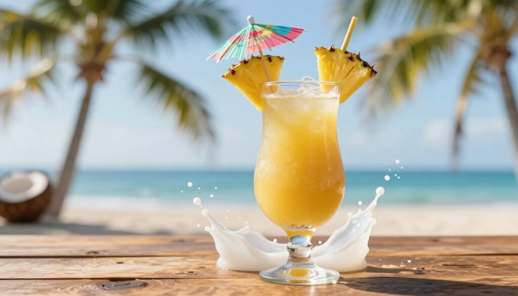 A vibrant and refreshing virgin tropical cocktail, showcasing a delicate blend of white rum and fresh pineapple juice, elegantly presented in a tall, curved glass. The foreground features the cocktail adorned with a slice of pineapple and a colorful paper umbrella, resting on a rustic wooden table. In the middle, there are hints of coconut water splashed artistically around the glass, capturing the essence of tropical vibes. The background reveals a sun-drenched beach scene, with palm trees gently swaying in the breeze and a soft blue sky. The lighting is bright and cheerful, casting a golden glow on the drink, enhancing its intoxicating tropical colors. The atmosphere is inviting and relaxed, perfect for a summer getaway.