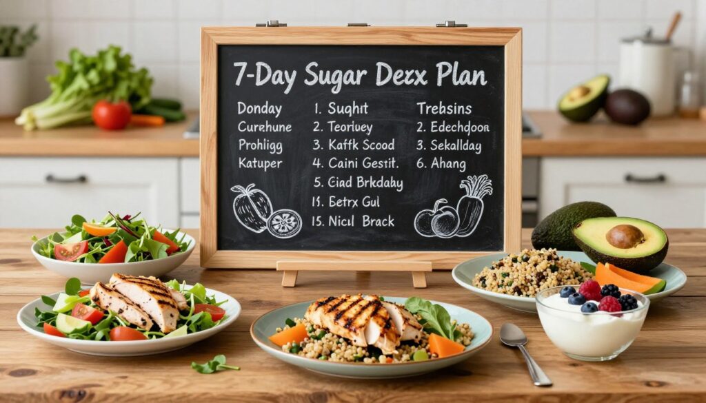 A vibrant and visually appealing 7-day sugar detox meal plan displayed on a rustic wooden table. In the foreground, beautifully arranged plates featuring high-protein dishes, such as grilled chicken salad, quinoa with vegetables, and Greek yogurt with berries, all bursting with color. In the middle section, a decorative chalkboard illustrates each day of the meal plan with hand-drawn vegetables and fruits, artistically presented in a clear layout. The background showcases a serene kitchen setting, with fresh ingredients like leafy greens and avocados on the counter, complemented by soft, natural lighting that emanates warmth and simplicity. The overall mood is inviting and health-focused, designed to inspire and motivate beginners embarking on their detox journey. A vibrant and visually appealing 7-day sugar detox meal plan displayed on a rustic wooden table. In the foreground, beautifully arranged plates featuring high-protein dishes, such as grilled chicken salad, quinoa with vegetables, and Greek yogurt with berries, all bursting with color. In the middle section, a decorative chalkboard illustrates each day of the meal plan with hand-drawn vegetables and fruits, artistically presented in a clear layout. The background showcases a serene kitchen setting, with fresh ingredients like leafy greens and avocados on the counter, complemented by soft, natural lighting that emanates warmth and simplicity. The overall mood is inviting and health-focused, designed to inspire and motivate beginners embarking on their detox journey.