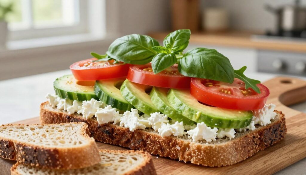 A vibrant arrangement of fresh vegetable sandwich ingredients, focused on creamy goat cheese, ripe avocado slices, crisp cucumber, and juicy red tomatoes. The scene captures bright colors and textures, with the goat cheese artfully crumbled beside the vegetables. In the foreground, sliced whole-grain bread awaits these ingredients, enhancing the earthy tones. The middle layer features fresh herbs like basil and arugula, adding depth and freshness. The background includes a rustic wooden cutting board and a soft-focus kitchen setting, dappled with natural light filtering through a nearby window, creating a warm and inviting atmosphere. The composition is shot at a slight angle to emphasize the textures and colors, inviting viewers to appreciate the beauty of healthy ingredients.