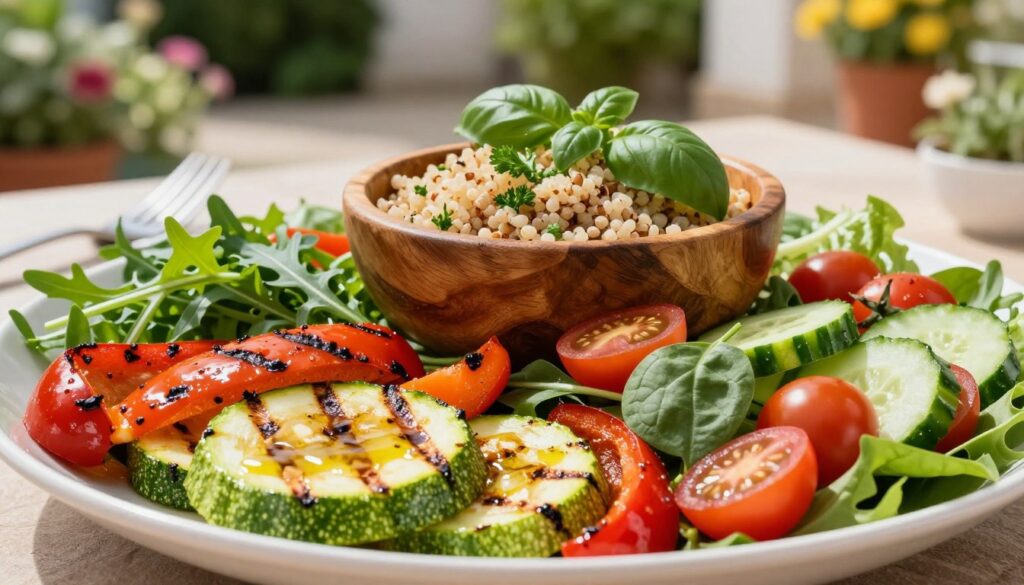 A vibrant arrangement of nutritious grilled salads, showcasing an array of colorful ingredients. In the foreground, place a beautifully grilled zucchini and bell pepper, glistening with a light drizzle of olive oil. Next to them, tender mixed greens like arugula and spinach contrast with ripe cherry tomatoes and crunchy cucumbers. In the middle ground, a wooden serving bowl brimming with quinoa and topped with fresh herbs like basil and parsley adds a wholesome touch. In the background, a sunlit patio setting is visible, with greenery and flowers softly blurred to create a warm, inviting atmosphere. Use natural lighting to enhance the colors and textures of the salad, capturing the essence of summer freshness. The scene exudes a healthy, rejuvenating vibe, perfect for a detox meal. A vibrant arrangement of nutritious grilled salads, showcasing an array of colorful ingredients. In the foreground, place a beautifully grilled zucchini and bell pepper, glistening with a light drizzle of olive oil. Next to them, tender mixed greens like arugula and spinach contrast with ripe cherry tomatoes and crunchy cucumbers. In the middle ground, a wooden serving bowl brimming with quinoa and topped with fresh herbs like basil and parsley adds a wholesome touch. In the background, a sunlit patio setting is visible, with greenery and flowers softly blurred to create a warm, inviting atmosphere. Use natural lighting to enhance the colors and textures of the salad, capturing the essence of summer freshness. The scene exudes a healthy, rejuvenating vibe, perfect for a detox meal.