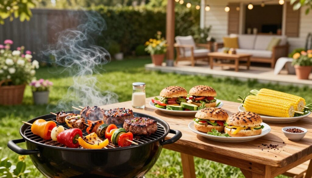 A vibrant backyard scene showcasing an array of grilled summer recipes, with a charcoal grill in the foreground, sizzling meats and vegetables that are glistening with marinades. Juicy burgers, colorful skewers of bell peppers, zucchini, and succulent corn on the cob are artfully arranged on a rustic wooden table, surrounded by fresh herbs and spices. Lush green grass and blooming flowers fill the middle ground, enhancing the summer vibe. In the background, a cozy patio setup with string lights and comfortable seating invites relaxation. The scene is bathed in warm golden sunlight, casting soft shadows and creating a cheerful, inviting atmosphere. The focus is sharp and clear to beautifully capture the enticing cooking details and lively outdoor setting.