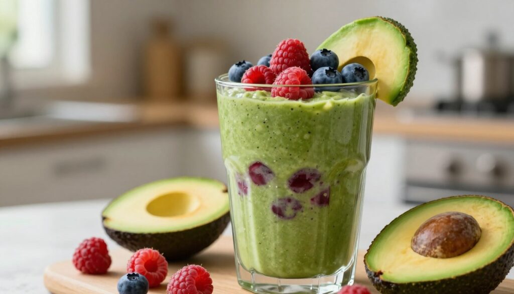 A vibrant berry avocado spinach smoothie in a clear glass, filled to the brim, displaying rich green and deep berry colors. The smoothie is topped with fresh berries like raspberries and blueberries, along with a slice of avocado gracefully perched on the rim of the glass. In the foreground, a few scattered berry fruits and an avocado half are artistically arranged, creating a sense of abundance. The background features a softly blurred kitchen setting, lit by warm, natural light streaming through a window, which enhances the freshness of the ingredients. Capture the essence of health and vitality, with a focus on the smooth, creamy texture of the drink and the inviting colors, in a cozy yet modern atmosphere. Shot with a macro lens for crisp detail, emphasizing the inviting nature of the smoothie.