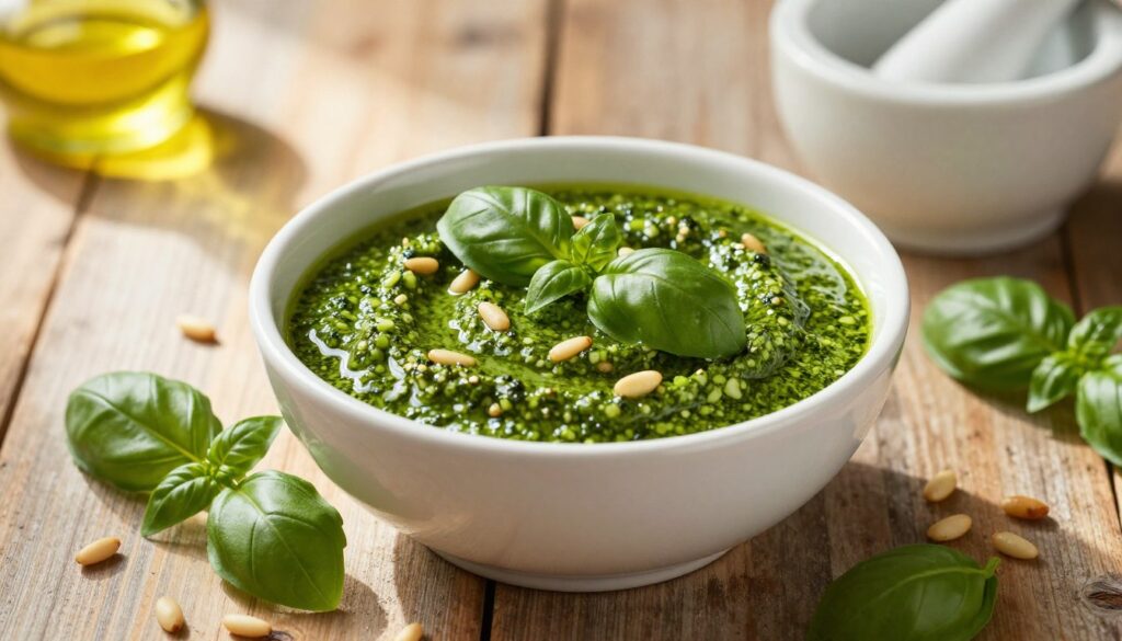 A vibrant bowl of fresh basil pesto sauce sits in the center, showcasing its rich, emerald-green color with flecks of garlic and pine nuts visible throughout. Surrounding the bowl are vibrant ingredients like shiny basil leaves, raw pine nuts, and a drizzle of golden olive oil. The background is a rustic wooden table, softly blurred to draw attention to the pesto, with delicate sunlight filtering in from the left, casting warm, inviting shadows. A few kitchen utensils, such as a mortar and pestle, subtly placed nearby, enhance the culinary theme. The overall mood is warm and inviting, suggesting homemade comfort and culinary creativity, perfect for a cozy kitchen setting. A vibrant bowl of fresh basil pesto sauce sits in the center, showcasing its rich, emerald-green color with flecks of garlic and pine nuts visible throughout. Surrounding the bowl are vibrant ingredients like shiny basil leaves, raw pine nuts, and a drizzle of golden olive oil. The background is a rustic wooden table, softly blurred to draw attention to the pesto, with delicate sunlight filtering in from the left, casting warm, inviting shadows. A few kitchen utensils, such as a mortar and pestle, subtly placed nearby, enhance the culinary theme. The overall mood is warm and inviting, suggesting homemade comfort and culinary creativity, perfect for a cozy kitchen setting.
