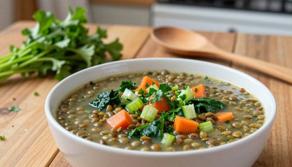 A vibrant bowl of vegetarian lentil soup sits in the foreground, brimming with colorful, hearty ingredients like green and brown lentils, diced carrots, and finely chopped celery. Fresh greens—such as spinach and kale—float atop the soup, along with a sprinkle of chopped herbs like parsley and cilantro, enhancing the dish's freshness. In the middle ground, a rustic wooden table is adorned with a small bunch of fresh herbs and a wooden spoon, inviting the viewer to engage with the meal. The background features soft, natural lighting that adds warmth, evoking a cozy atmosphere, with hints of a kitchen setting softly blurred to focus attention on the soup. The image captures a homely essence, celebrating the customization and richness of vegetarian cooking.