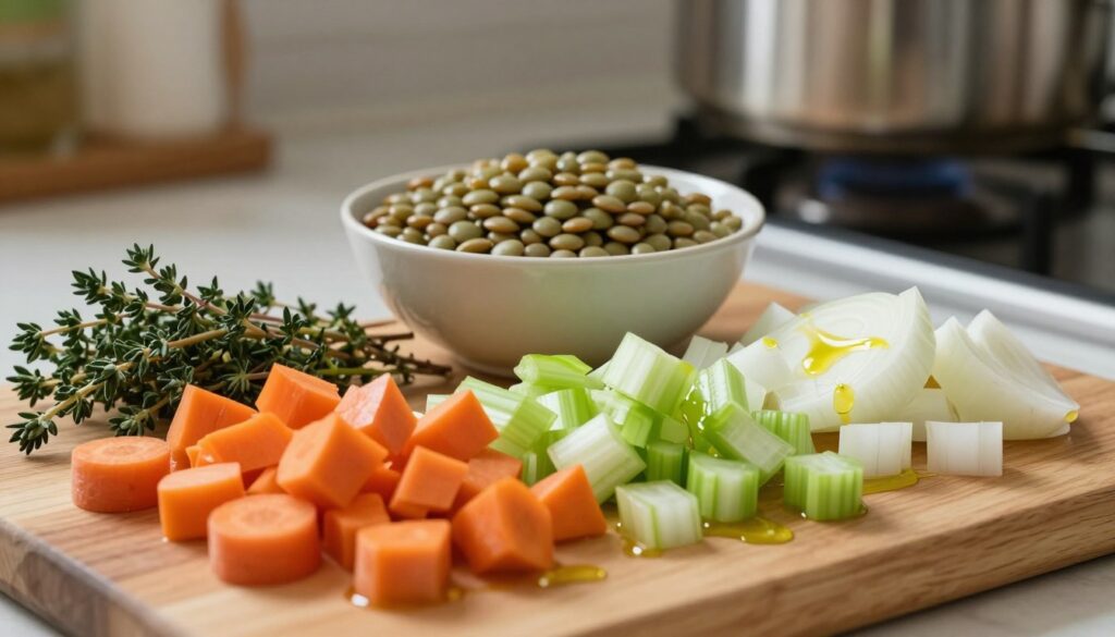 A vibrant, close-up view of a wooden cutting board filled with fresh vegetables for making lentil soup. In the foreground, there are chopped carrots, diced celery, and diced onions, drizzled with a bit of olive oil. The middle ground features a bowl of rinsed green lentils and a sprig of fresh thyme for garnish. The background shows a cozy kitchen setting with soft, natural lighting highlighting the textures of the vegetables. A pot simmering on the stove is partially visible, creating a warm, inviting atmosphere. Use a shallow depth of field to focus on the ingredients, emphasizing their freshness and preparation for a simple, wholesome meal.