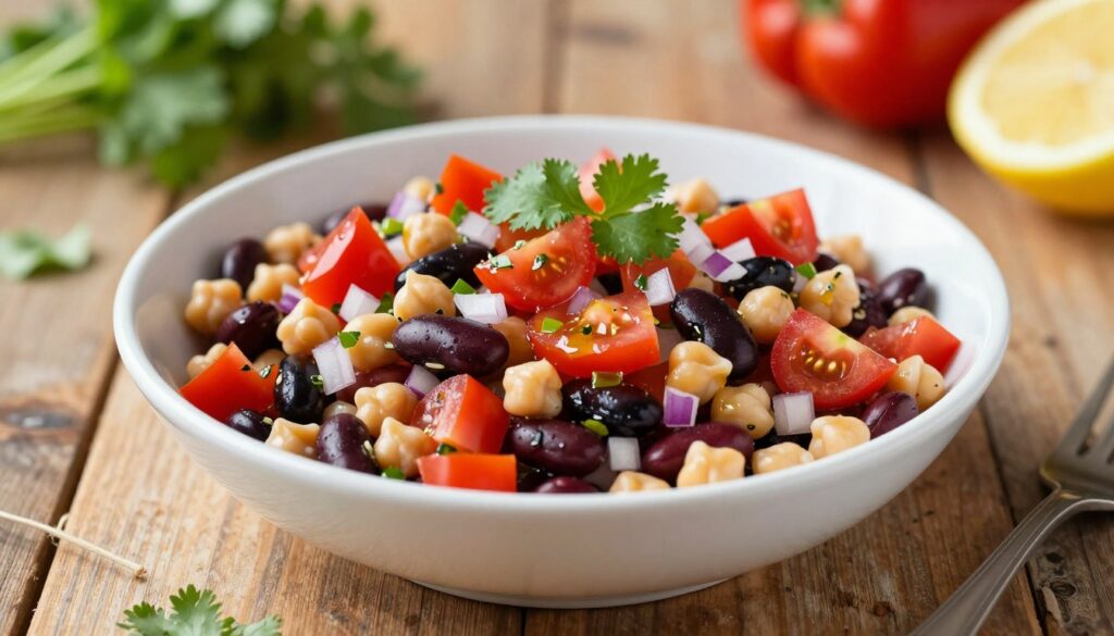 A vibrant, colorful bean salad displayed in an elegant, white ceramic bowl, filled with a variety of nutritious beans such as black beans, kidney beans, and chickpeas. The salad is garnished with fresh diced tomatoes, chopped bell peppers, finely chopped red onions, and a sprinkle of fresh cilantro, all glistening with a light drizzle of olive oil and a squeeze of lemon. The setting features a rustic wooden table with a soft-focus background of fresh vegetables and herbs, creating a warm, inviting atmosphere. Natural sunlight streams in, casting gentle shadows, enhancing the freshness of the ingredients. The angle is slightly overhead to capture all the vibrant colors and textures, evoking a sense of health and vitality.