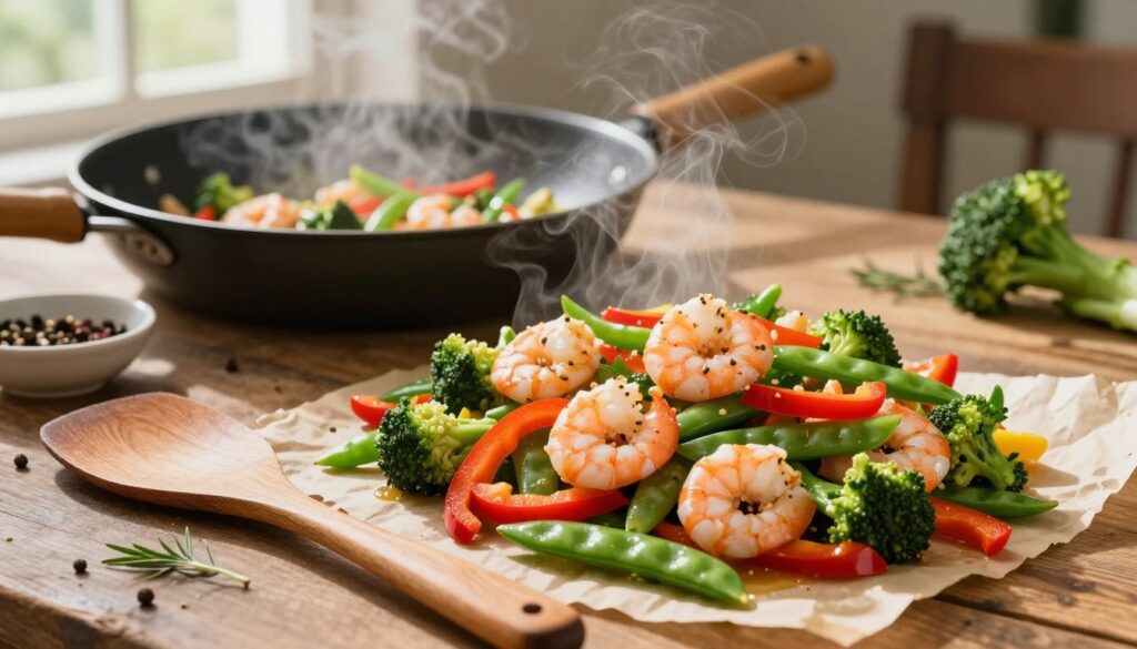 A vibrant, colorful shrimp stir-fry laid out on a rustic wooden table, featuring fresh shrimp sautéed with a medley of vegetables like bell peppers, broccoli, and snap peas. In the foreground, a wooden spatula and a small bowl of aromatic herbs and spices emphasize the cooking process. The middle ground showcases the stir-fry in a large, sizzling pan, with steam rising to convey freshness and heat. In the background, soft natural light filters through a window, casting warm, inviting shadows that enhance the atmosphere. The scene evokes a sense of healthiness and quick cooking, inviting viewers to indulge in a nutritious meal. The angle captures the dynamism of cooking, inviting a closer look into this flavorful dish.