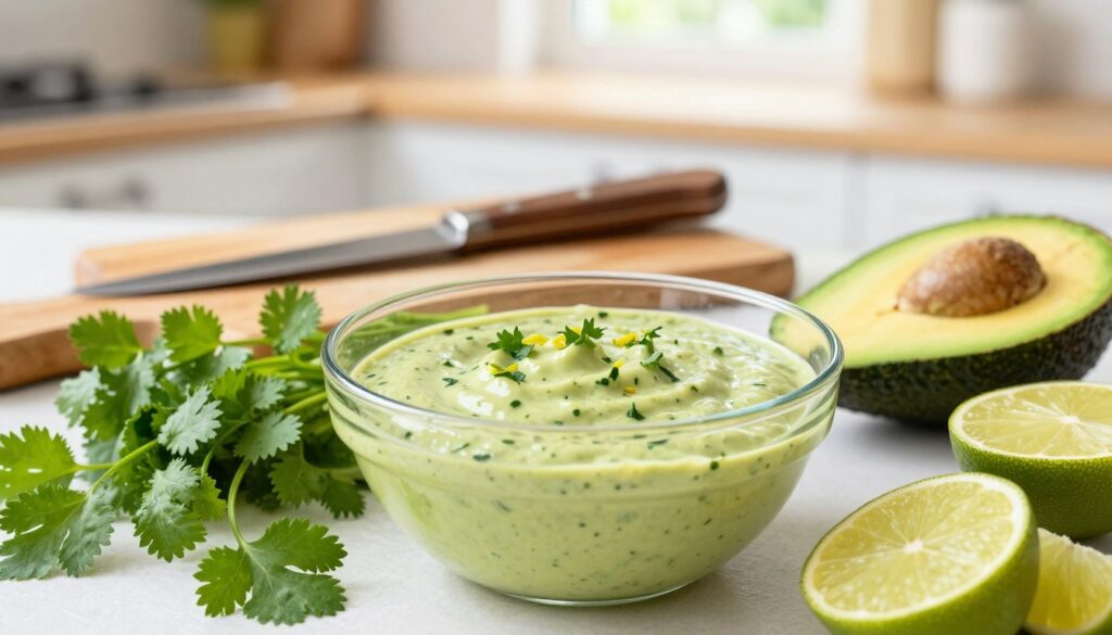 A vibrant, creamy avocado cilantro dressing drizzled beautifully over a light, fresh salad. In the foreground, a glass bowl filled with the smooth, pale green dressing, textured with flecks of cilantro and hints of lime zest. Surrounding the bowl, fresh ingredients like ripe avocados, sprigs of bright green cilantro, and halved limes, arranged artfully to suggest preparation. In the middle, a wooden cutting board with a rustic knife, hinting at the process of making this dressing. The background features a softly blurred kitchen setting with warm, natural light flooding in through a window, creating a cheerful and inviting atmosphere. The composition captures a sense of freshness and healthiness, ideal for summer dining. A vibrant, creamy avocado cilantro dressing drizzled beautifully over a light, fresh salad. In the foreground, a glass bowl filled with the smooth, pale green dressing, textured with flecks of cilantro and hints of lime zest. Surrounding the bowl, fresh ingredients like ripe avocados, sprigs of bright green cilantro, and halved limes, arranged artfully to suggest preparation. In the middle, a wooden cutting board with a rustic knife, hinting at the process of making this dressing. The background features a softly blurred kitchen setting with warm, natural light flooding in through a window, creating a cheerful and inviting atmosphere. The composition captures a sense of freshness and healthiness, ideal for summer dining.