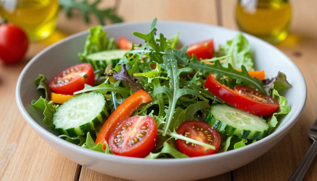 A vibrant, crispy mixed green salad displayed in an elegant, shallow bowl centered in the foreground. The salad features an array of fresh, crunchy vegetables, including bright red cherry tomatoes, sliced cucumbers, and colorful bell peppers, all nestled among a bed of various mixed greens like arugula and romaine. The lighting is soft and natural, highlighting the moisture on the vegetables, with a slight warm glow to create an inviting atmosphere. In the background, a simple wooden table enhances the rustic feel, while hints of organic ingredients such as olive oil and vinegar are subtly placed to complement the salad. The angle is a close-up shot to emphasize the texture and freshness of the ingredients, inviting the viewer to enjoy a healthy and delicious meal.