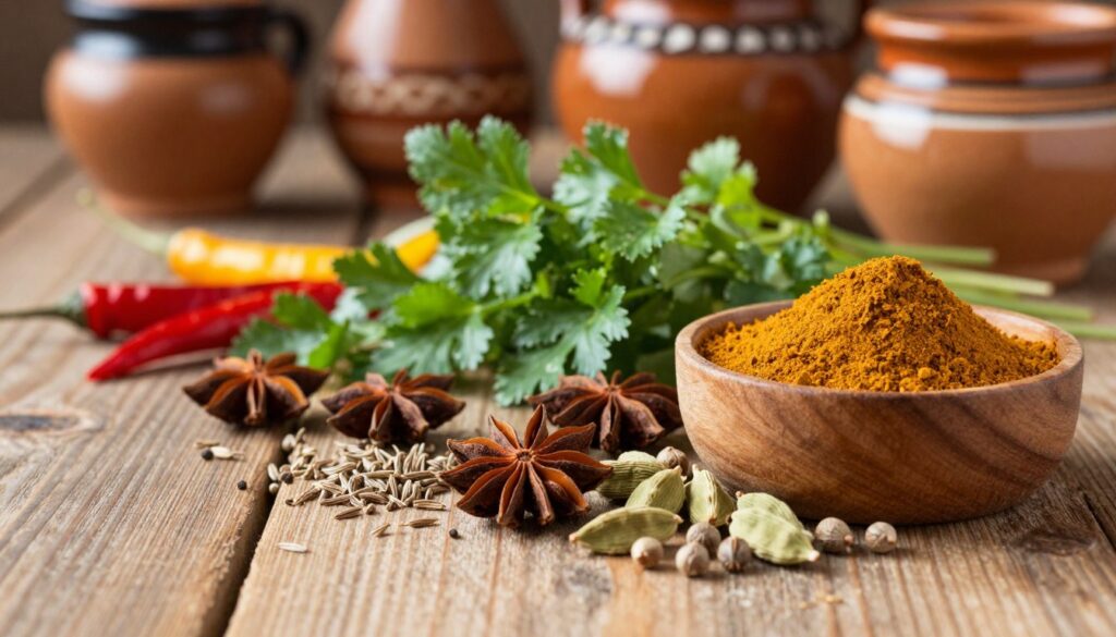 A vibrant display of aromatic spices on a rustic wooden table, symbolizing the essence of a spice blend. In the foreground, a variety of whole spices like star anise, cumin seeds, cardamom pods, and coriander seeds are artfully scattered beside a small wooden bowl filled with freshly ground spice mixture. In the middle ground, sprigs of fresh herbs like parsley and cilantro complement the spices, alongside a few colorful chilies for a pop of color. The background features blurred, warm-toned Mediterranean-style ceramic jars, enhancing the inviting atmosphere. Soft, natural lighting illuminates the scene, casting gentle shadows and highlighting the textures of the spices. This imagery evokes a warm and cozy cooking environment.