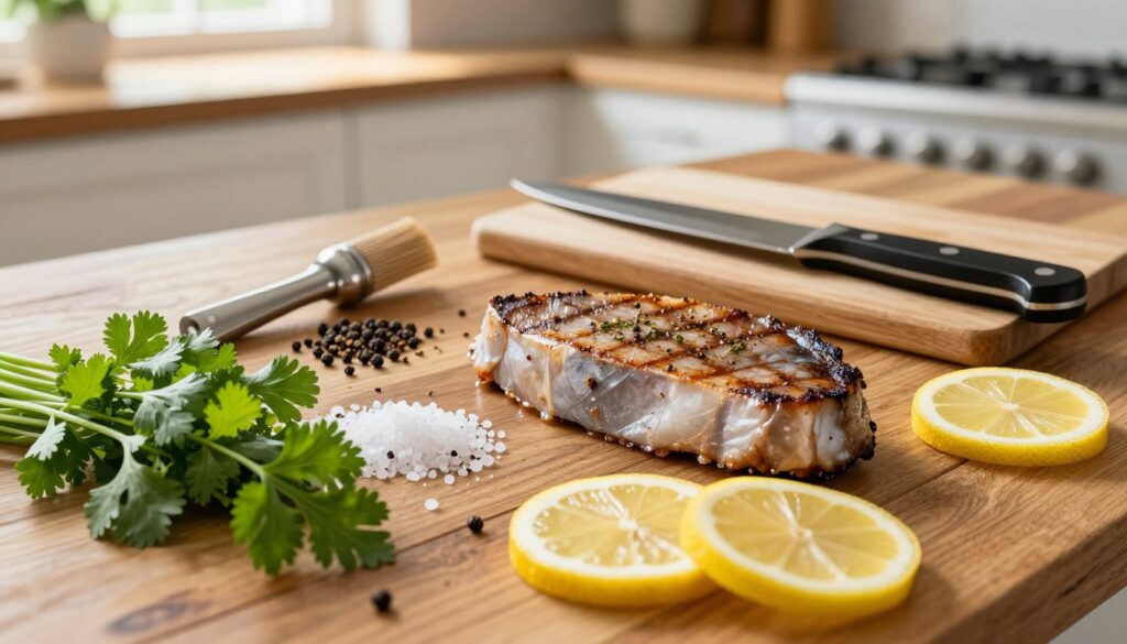 A vibrant display of tuna steak seasoning ingredients and essential cooking tools arranged artfully on a rustic wooden kitchen countertop. In the foreground, showcase fresh herbs like cilantro and parsley, coarse sea salt, cracked black pepper, and zesty lemon slices artfully scattered around a perfectly seared tuna steak. In the middle, place essential tools like a high-quality chef's knife, a cutting board, and a stylish marinade brush. In the background, softly blurred, hint at a warm kitchen ambiance with natural sunlight streaming through a window, creating a cozy, inviting atmosphere. Use soft, natural lighting to highlight the textures of the ingredients and enhance the colors of the tuna. Capture the scene from a slightly elevated angle to provide depth and context, evoking a sense of culinary creativity and passion for cooking.