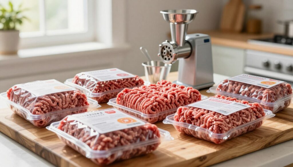 A vibrant display of various ground beef selections arranged on a wooden cutting board, showcasing budget-friendly packaging. In the foreground, several neatly stacked packages of ground beef in different fat percentages, labeled clearly but without text. In the middle, a set of essential kitchen tools like a meat grinder and measuring cups, symbolizing frugal meal preparation. The background features a simple kitchen setting with soft natural light streaming in from a window, creating a warm and inviting atmosphere. The overall mood is practical and resourceful, emphasizing the concept of cooking economical hamburger meat meals. The image should have a shallow depth of field to keep the focus on the ground beef while softly blurring the kitchen elements behind it, shot at a slight angle for visual interest.