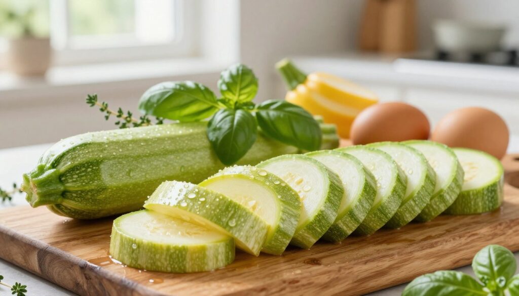 A vibrant, fresh composition showcasing an arrangement of fresh zucchini and summer squash, sliced into thin ribbons, resting on a rustic wooden cutting board. In the foreground, the squash glistens with droplets of water, emphasizing their freshness. The middle layer features a few herbs like basil and thyme alongside a handful of eggs, representing key ingredients for the quiche, all enveloped in soft, natural light streaming in from a nearby window. The background softly blurs out a light-filled kitchen setting with subtle hints of cooking utensils and a bowl, creating a warm, inviting atmosphere. Capture the essence of summer cooking with bright, cheerful colors and a well-composed layout that invites the viewer to explore the culinary potential of these ingredients.