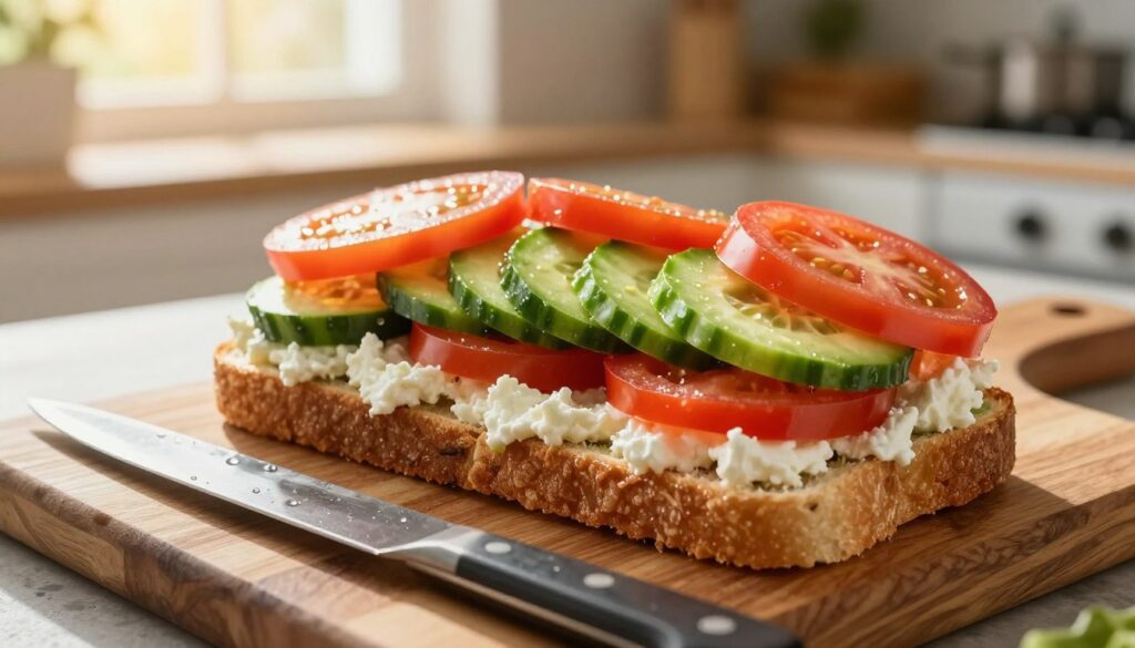 A vibrant, fresh summer sandwich featuring neatly sliced cucumber, avocado, and ripe tomato, layered artistically with creamy goat cheese, all set against a rustic wooden cutting board. In the foreground, the colorful vegetables glisten with dew, emphasizing their freshness, while a sharp knife rests nearby, hinting at the preparation process. The background softly blurs to reveal a sunlit kitchen, with gentle golden hour lighting spilling through a nearby window, casting warm shadows and creating a cozy, inviting atmosphere. The angle is slightly overhead, capturing the textures of the vegetables and the creamy goat cheese, enticing viewers with a sense of freshness and healthiness. No text or watermarks are included, ensuring a pure focus on the delicious ingredients.