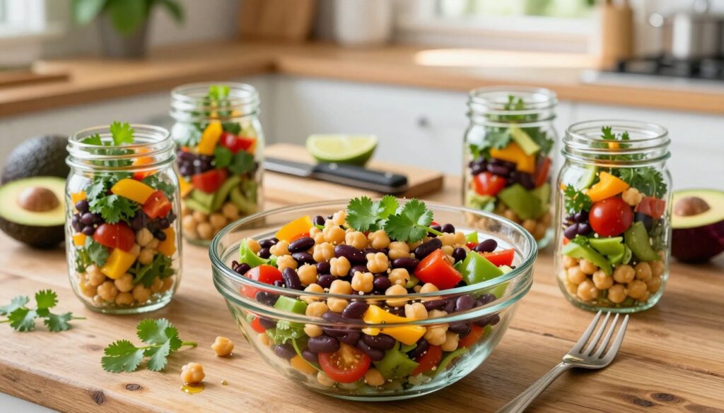A vibrant, healthy bean salad meal prep scene set on a rustic wooden kitchen table. In the foreground, a large glass bowl filled with a colorful mix of chickpeas, black beans, kidney beans, diced bell peppers, cherry tomatoes, and fresh cilantro, lightly dressed with olive oil and lime juice. Surrounding the bowl, neatly filled mason jars showcasing individual portions of the salad, each garnished with fresh herbs. In the middle ground, a chopping board with a knife and additional vegetables, including avocados and red onions, hinting at meal prep. The background features soft-focus kitchen elements like a potted plant and sunlight streaming through a window, creating a warm, inviting atmosphere. The overall mood is fresh, healthy, and budget-friendly, emphasizing nutritious meal prep.