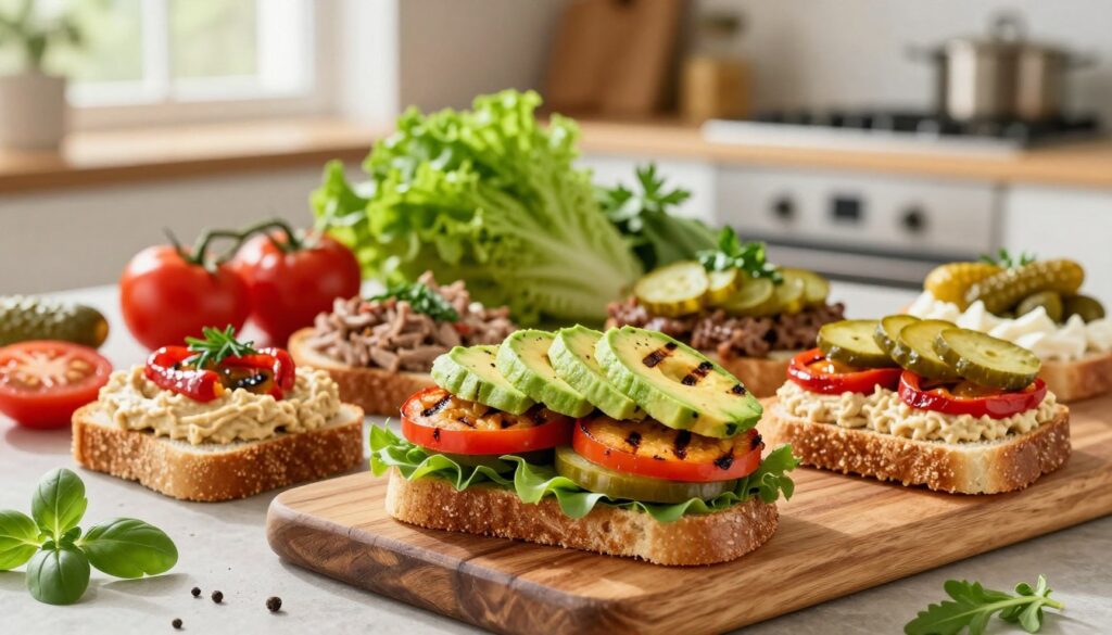 A vibrant, inviting display of creative meatless sandwich alternatives, showcasing a variety of colorful ingredients. In the foreground, a beautifully assembled sandwich with layers of grilled vegetables, fresh greens, and creamy avocado, artfully placed on a rustic wooden board. Surrounding it, smaller sandwiches featuring unique spreads and toppings, like hummus, roasted red peppers, and tangy pickles, creating a delightful array. The middle ground includes fresh ingredients, such as ripe tomatoes, crisp lettuce, and eye-catching herbs, arranged in an appealing manner. In the background, a softly blurred kitchen setting with warm, natural light streaming in from a window, enhancing the freshness of the ingredients. The atmosphere is cheerful and inviting, promoting a sense of healthy, appetizing creativity in vegetarian cooking.