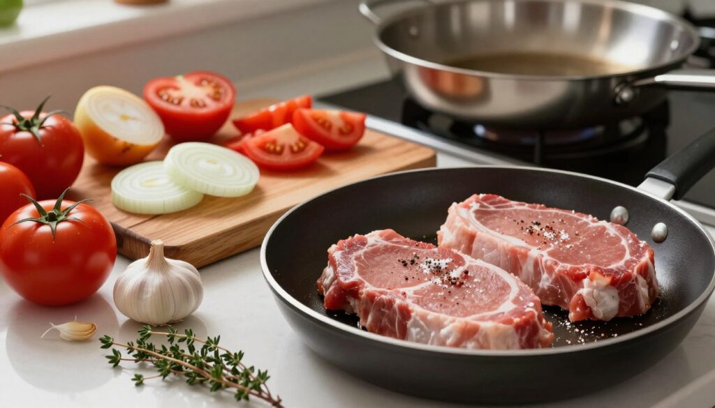 A vibrant kitchen countertop scene showcasing the preparation of juicy pork chops in a skillet. In the foreground, beautifully marbled pork chops are seasoned with salt and pepper, surrounded by fresh ingredients like ripe red tomatoes, sliced onions, and minced garlic. In the middle ground, a well-worn wooden cutting board holds the neatly chopped vegetables, with a gleaming stainless steel skillet in the background, hinting at the cooking process. Soft, warm kitchen lighting bathes the entire scene, creating a cozy atmosphere, while a slight angle from above captures the rich colors and textures of the ingredients. Fresh herbs like thyme lay scattered, adding a touch of green to the composition, enhancing the inviting, home-cooked feel of the image.