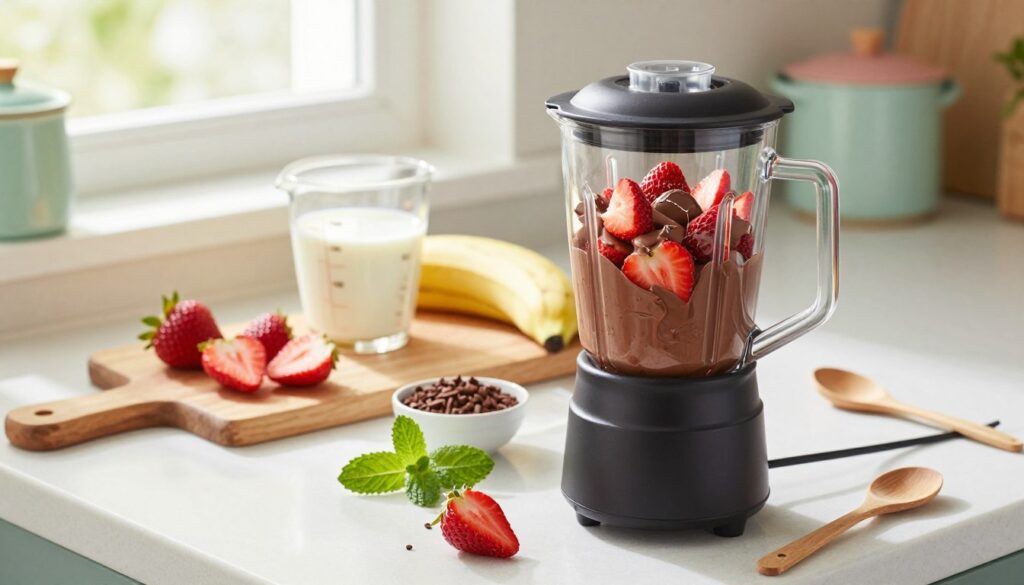 A vibrant kitchen countertop scene showcasing the preparation of vegan chocolate-strawberry nice cream. In the foreground, a sleek blender filled with ripe, sliced strawberries and creamy, dairy-free chocolate, surrounded by a scattering of fresh mint leaves and a small bowl of cacao nibs. The middle ground features a cutting board with halved strawberries and a banana, alongside a measuring cup filled with almond milk. In the background, soft natural light streams through a window, illuminating pastel-colored kitchenware. A delicate wooden spoon rests nearby, enhancing the cozy, inviting atmosphere of the kitchen. The composition has a shallow depth of field, focusing on the delicious ingredients and blending tools, evoking a sense of health and indulgence.