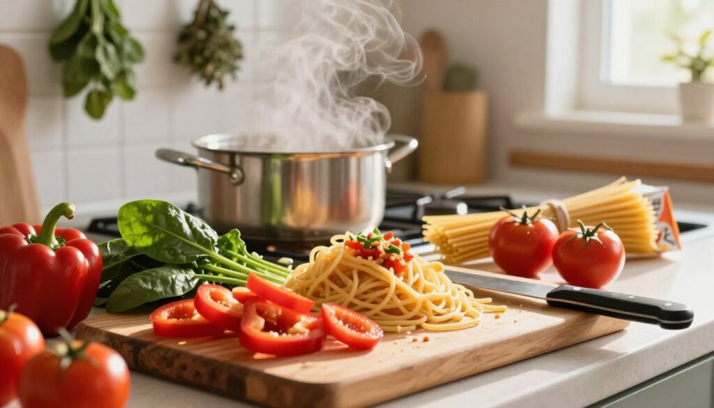 A vibrant kitchen countertop showcasing a quick and messy spaghetti vegetable prep scene. In the foreground, a rustic wooden cutting board piled high with chopped colorful vegetables like bright red bell peppers, leafy green spinach, and ripe tomatoes. A knife rests beside them, glistening as if recently used. In the middle ground, a pot of boiling water sits on a stovetop, steam rising in a gentle swirl, and a package of spaghetti lies opened. The background features cozy kitchen elements, like hanging herbs and a splash of sunlight filtering through a window, casting warm highlights. The overall mood is lively and casual, evoking the excitement of preparing a simple, delicious meal. The image should be bright and inviting, with a shallow depth of field to focus on the vegetables in the foreground.