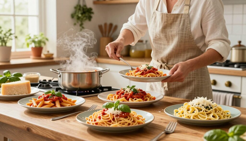 A vibrant kitchen scene featuring a variety of speedy pasta dishes. In the foreground, a wooden table displays a colorful spread of spaghetti aglio e olio, penne arrabbiata, and a creamy fettuccine alfredo, garnished with fresh basil and grated Parmesan cheese. In the middle ground, a skilled home cook, dressed in a stylish apron and modest attire, is shown energetically plating a dish, with a pot of boiling pasta on the stove behind. The background reveals a bright, sunlit kitchen with herbs hanging from the ceiling and cheerful Italian decor. Soft, warm lighting enhances the inviting atmosphere, creating a sense of warmth and urgency, perfect for a quick meal preparation. The angle emphasizes the action of cooking, capturing a lively and cozy dinner vibe. A vibrant kitchen scene featuring a variety of speedy pasta dishes. In the foreground, a wooden table displays a colorful spread of spaghetti aglio e olio, penne arrabbiata, and a creamy fettuccine alfredo, garnished with fresh basil and grated Parmesan cheese. In the middle ground, a skilled home cook, dressed in a stylish apron and modest attire, is shown energetically plating a dish, with a pot of boiling pasta on the stove behind. The background reveals a bright, sunlit kitchen with herbs hanging from the ceiling and cheerful Italian decor. Soft, warm lighting enhances the inviting atmosphere, creating a sense of warmth and urgency, perfect for a quick meal preparation. The angle emphasizes the action of cooking, capturing a lively and cozy dinner vibe.
