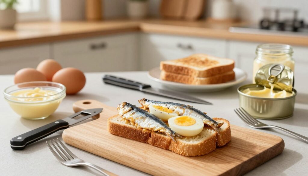 A vibrant kitchen scene focused on essential tools for preparing a quick sardine and egg sandwich. In the foreground, prominently display a cutting board with a can opener, a small bowl for mixing, and a fork. Surround these tools with fresh eggs and an opened can of sardines, glistening under bright, natural light. In the middle ground, include a sharp knife and a plate ready for toasting bread, as well as a jar of mayonnaise. The background features a cozy kitchen setting with wooden cabinets and subtle kitchen decorations, lending a warm, inviting atmosphere. Capture the scene from a slightly elevated angle to provide a comprehensive view and enhance the engaging visual dynamic. The overall mood is fresh, clean, and appetizing, perfect for a quick meal prep.
