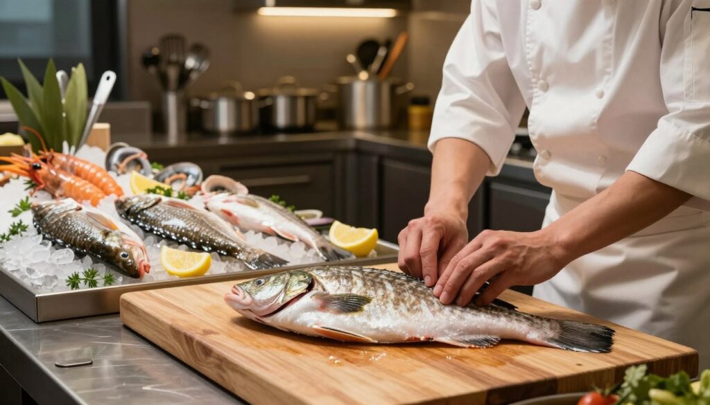 A vibrant kitchen scene showcasing Dover sole preparation techniques. In the foreground, a skilled chef in a clean white apron and chef's hat is expertly filleting a fresh Dover sole on a wooden cutting board, with glistening fish scales reflecting the soft kitchen light. The middle ground features an array of fresh seafood, including whole Dover soles displayed on ice, garnished with lemon wedges and fresh herbs. In the background, a well-organized kitchen with stainless steel utensils and pots, illuminated by warm, inviting overhead lighting, creating a professional yet cozy atmosphere. Emphasize the textures of the fish and ingredients while maintaining a focus on the art of seafood preparation, showcasing cleanliness and culinary skill.