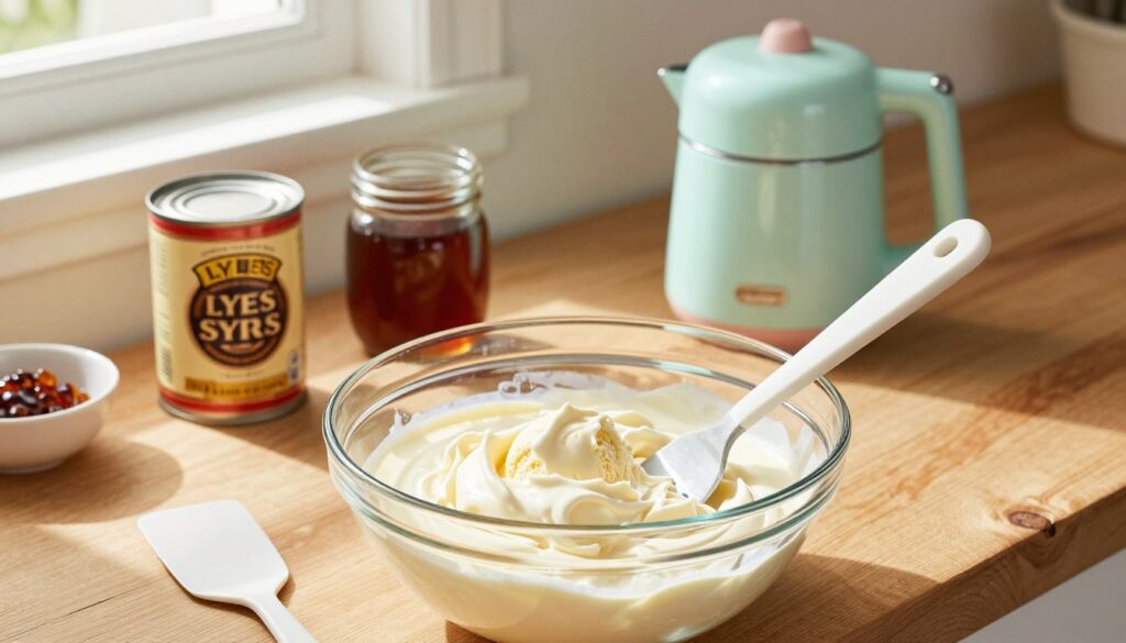A vibrant kitchen scene showcasing the no-churn treacle ice cream preparation method. In the foreground, a clear glass mixing bowl filled with a creamy mixture of whipped cream and Lyle’s Golden Syrup, with a spatula resting beside. In the middle, a rustic wooden countertop adorned with ingredients such as a can of condensed milk, a jar of treacle, and a pastel-colored ice cream maker, arranged artfully. In the background, soft natural light pours in through a window, casting gentle shadows and highlighting the textures of the ingredients. The mood is warm and inviting, suggesting a delightful cooking experience. The image captures an atmosphere of simplicity and creativity in homemade ice cream making, ideal for summer indulgence.