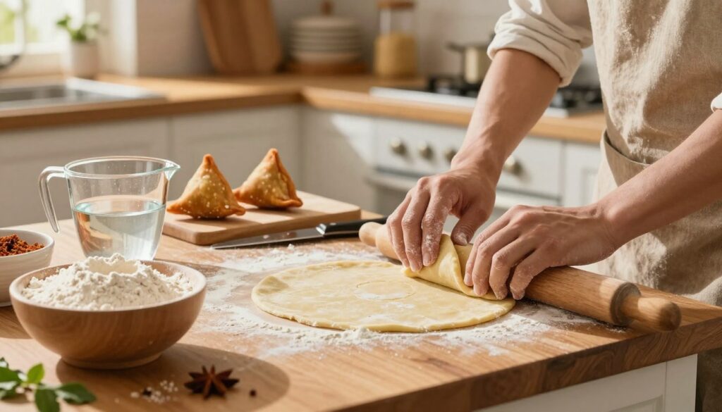 A vibrant kitchen scene showcasing the preparation steps for crispy samosa dough. In the foreground, a wooden countertop displays a bowl of flour, a measuring cup of water, and a rolling pin, with hands in modest casual attire skillfully mixing the ingredients. In the middle, a partially rolled out dough is being shaped into circles, with a glimpse of a cutting board and a knife for precise portions. The background features warm, inviting kitchen decor with sunlight streaming through a window, creating a cozy atmosphere. Soft shadows highlight the textures of the dough and flour, while hints of fresh spices and herbs are scattered around, evoking the rich flavors of samosas. The scene captures a sense of warmth and culinary creativity, perfect for an engaging cooking article.