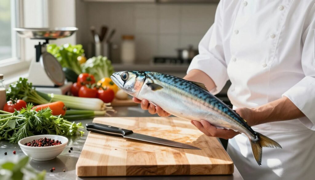 A vibrant kitchen scene showcasing the selection and preparation of fresh mackerel. In the foreground, a skilled chef in a professional white apron is examining a gleaming, whole mackerel, inspecting its bright, metallic skin and clear eyes for freshness. The middle layer features a wooden cutting board with a sharp knife, fresh herbs, and a bowl of spices laid out neatly. The background displays a well-lit kitchen with colorful vegetables and a fishmonger’s scale, emphasizing a clean and organized workspace. Soft, natural light filters in through a window, casting gentle shadows to create a warm and inviting atmosphere. The composition should capture the essence of professionalism and culinary expertise in the careful selection of high-quality fish.