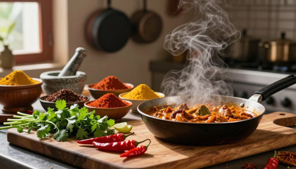 A vibrant kitchen scene showcasing traditional Indian cooking techniques. In the foreground, a wooden cutting board with fresh ingredients: vibrant green coriander, red chilies, and yellow turmeric. A skillet sizzling with a rich curry, steam rising, immersing the viewer in the warmth of the cooking process. The middle ground features an array of colorful spices in bowls, with a mortar and pestle beside them, suggesting the essence of Indian flavors. Behind, a rustic kitchen setup with hanging pots and pans, casting soft shadows, illuminated by warm, natural light streaming through a window. The atmosphere is inviting and rich with the aroma of spices, evoking a sense of homely comfort and culinary creativity.