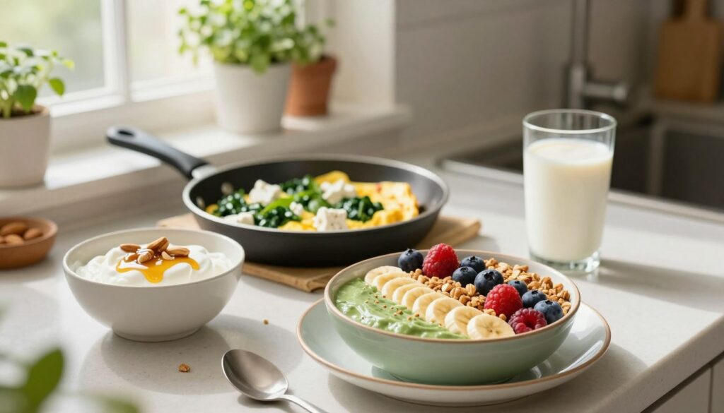 A vibrant kitchen setting bathed in warm, natural light, featuring a countertop filled with an array of quick, protein-rich breakfast options ideal for fat loss. In the foreground, a neatly arranged plate showcases a colorful protein smoothie bowl topped with fresh berries, sliced banana, and a sprinkle of granola. Beside it, a bowl of Greek yogurt with a drizzle of honey and nuts appears appetizing. In the middle ground, a small skillet with an omelet filled with spinach and feta adds a cozy touch, while a glass of almond milk completes the scene. The background features a softly blurred window with potted herbs, creating a fresh and inviting atmosphere. The overall mood is uplifting and healthy, ideal for anyone seeking nutritious breakfast inspiration.