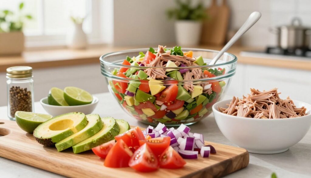 A vibrant kitchen setting showcasing the preparation steps for Mexican tuna salad without mayonnaise. In the foreground, a wooden cutting board is layered with colorful fresh vegetables such as diced tomatoes, chopped red onions, and sliced avocados, alongside a bowl of canned tuna. A small dish of lime slices and a container of spices add texture. In the middle, a glass mixing bowl filled with the salad mixture is prominently displayed, with a stainless steel spoon resting beside it. In the background, bright kitchen decor and natural light from a window create a warm, inviting atmosphere. The scene conveys a cheerful and wholesome mood, perfect for a healthy meal preparation.