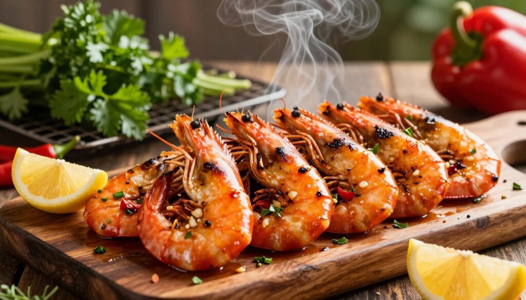 A vibrant, mouthwatering scene featuring spicy grilled prawns arranged attractively on a rustic wooden platter. The prawns are charred to perfection, glistening with a rich, fiery marinade infused with red chili, garlic, and herbs. In the foreground, freshly squeezed lemon wedges and a scattering of colorful herbs add a pop of brightness. In the middle-background, a grill is visible with smoke gently rising, hinting at the cooking process, surrounded by vibrant green parsley and red bell peppers to enhance the theme of bold flavors. Soft golden-hour lighting bathes the scene, creating an inviting atmosphere that highlights the delicious details. The angle captures depth, beautifully showcasing the textures of the grilled prawns, inviting viewers to savor the flavor.