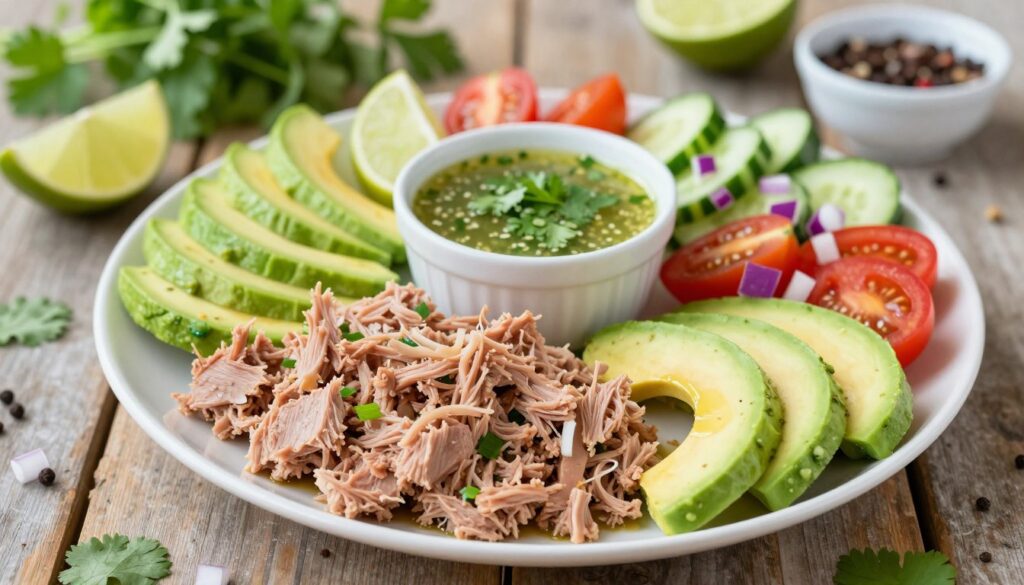 A vibrant overhead view of a colorful Mexican tuna salad, beautifully arranged on a rustic wooden table. The foreground features a mound of fresh, flaky tuna, glistening with lime juice, surrounded by ripe avocado slices and a medley of diced fresh vegetables, including juicy cherry tomatoes, crisp cucumber, and diced red onion. In the middle, add a small bowl of cilantro-lime dressing, with lime wedges scattered around for a pop of color. The background shows a soft-focus arrangement of fresh herbs and spices, enhancing the fresh and healthy vibe. The lighting is bright and natural, evoking a cheerful and inviting atmosphere, perfect for a summer meal. The scene is serene and wholesome, emphasizing the freshness of the ingredients without any text or distractions.