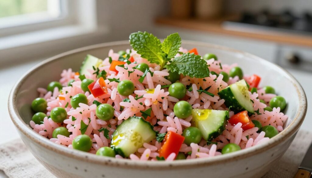 A vibrant pink and green rice salad, artfully presented in a rustic ceramic bowl, dominates the foreground. The salad features fluffy jasmine rice mixed with bright green peas, diced cucumbers, and finely chopped bell peppers, all garnished with fresh herbs like cilantro and mint. A light drizzle of olive oil glistens over the ingredients. In the background, a softly blurred kitchen countertop provides a warm, inviting atmosphere, while natural light streams in from a nearby window, highlighting the fresh colors of the salad. The angle is slightly overhead, capturing the texture and freshness of the ingredients, evoking a sense of health and vitality perfect for a wholesome meal.