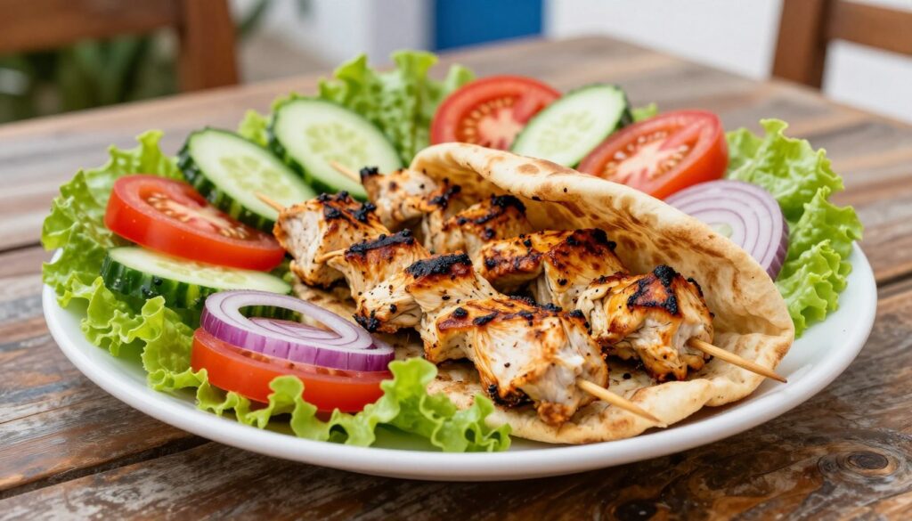 A vibrant plate of traditional Greek souvlaki chicken pita, featuring perfectly grilled chicken skewers nestled in a soft, warm pita bread. Surround the pita with an array of fresh, colorful vegetables—crisp lettuce, ripe tomatoes, crunchy cucumbers, and red onions—artfully arranged to highlight their freshness. The background should show a rustic wooden table setting, with a hint of Mediterranean greenery peeking through, evoking a sunny outdoor dining experience. Use soft, natural lighting to enhance the colors and textures, creating an inviting and appetizing atmosphere. Aim for a close-up angle that focuses on the vivid details of the dish, perfect for capturing the essence of Greek cuisine and the joy of sharing a meal.