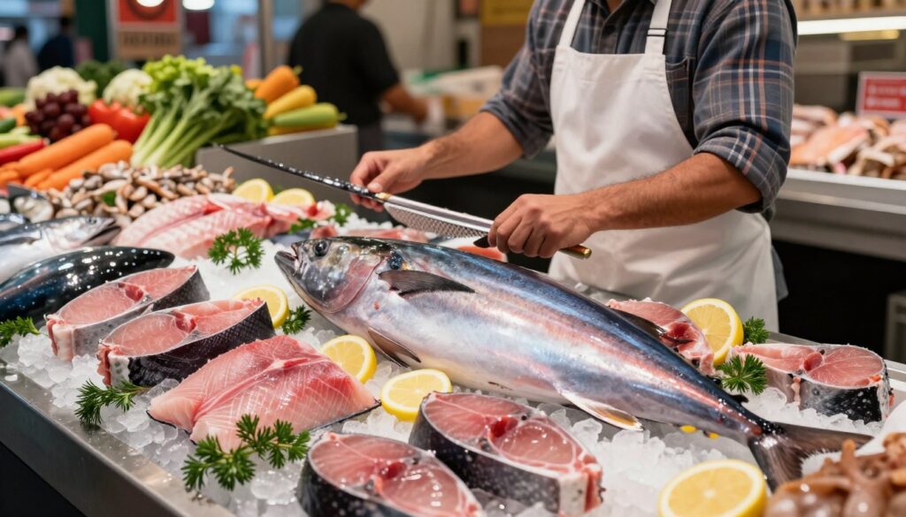 A vibrant seafood market scene featuring a selection of high-quality swordfish steaks arranged on an ice display. The foreground showcases a close-up of glistening, fresh swordfish fillets with a rich pinkish hue, garnished with lemon slices and sprigs of fresh herbs. In the middle ground, a vendor in a white apron and a neat plaid shirt delicately inspects the fish with care, showcasing their expertise. The background reveals a bustling market atmosphere with colorful vegetables, seafood, and other fresh ingredients. The scene is illuminated by soft, warm lighting, creating an inviting and appetizing ambiance. Capture the mood of freshness and culinary excitement, emphasizing the importance of selecting the best ingredients for grilling.