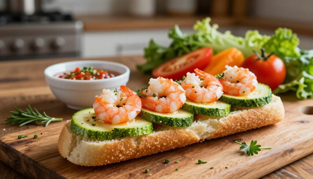A vibrant seafood sandwich featuring stuffed batbouts, filled with succulent shrimp and sliced zucchini, displayed on a rustic wooden table. In the foreground, the sandwich is elegantly arranged with fresh herbs scattered around, glistening in the light. The middle ground includes a small bowl of zesty dipping sauce and a cluster of colorful vegetables, emphasizing freshness. The background is softly blurred, hinting at a cozy kitchen atmosphere with warm, inviting lighting. The angle is slightly above the sandwich, capturing its texture and vibrant colors. The overall mood is inviting and appetizing, highlighting the simplicity and deliciousness of the dish, ideal for a quick and satisfying meal.