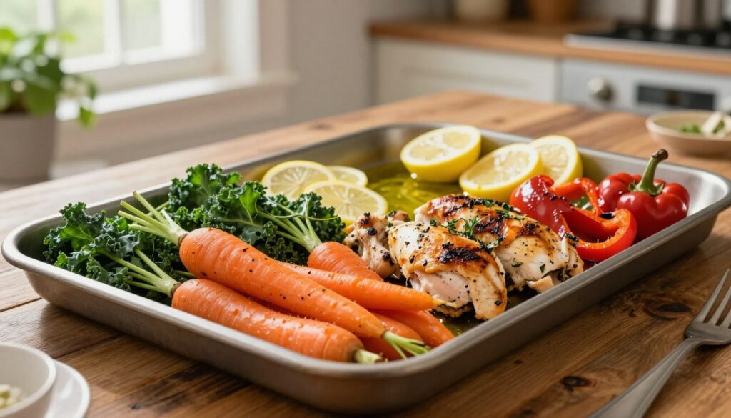 A vibrant sheet pan dinner spread on a rustic wooden table, featuring a colorful array of anti-inflammatory ingredients. In the foreground, a neatly arranged assortment of roasted vegetables, including bright orange carrots, deep green kale, and red bell peppers, intertwined with tender pieces of grilled chicken seasoned with herbs. In the middle, a shiny sheet pan glistening with olive oil, surrounded by fresh garlic and lemon slices, amplifying the freshness of the dish. In the background, a softly lit kitchen, with herbs in pots and a hint of sunlight filtering through a window, creating a warm, inviting atmosphere. The composition emphasizes health and simplicity, evoking a cozy and nutritious dinner vibe, perfect for a quick meal. Natural lighting highlights the food's colors, and the angle captures the meal from a top-down perspective for an appetizing view.