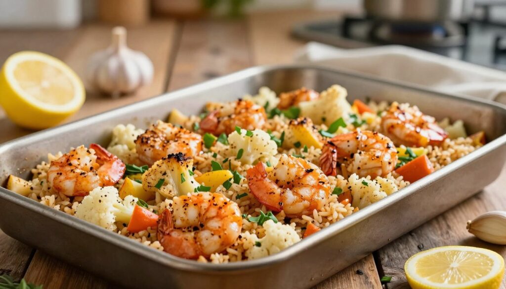 A vibrant sheet pan filled with perfectly seasoned shrimp and roasted cauliflower rice, showcasing a medley of colorful ingredients. In the foreground, there's a close-up view of the shrimp glistening with spices alongside fluffy cauliflower rice, garnished with fresh herbs. The middle of the frame features a beautifully arranged sheet pan resting on a rustic wooden table, surrounded by sliced lemons and garlic cloves for added detail. In the background, a warm kitchen ambiance is emphasized with soft, diffused lighting, evoking a cozy cooking atmosphere. The focus is sharp on the food, with a slight bokeh effect in the background to enhance the culinary presentation. The overall mood is inviting and appetizing, perfect for inspiring readers to try this delicious dish. A vibrant sheet pan filled with perfectly seasoned shrimp and roasted cauliflower rice, showcasing a medley of colorful ingredients. In the foreground, there's a close-up view of the shrimp glistening with spices alongside fluffy cauliflower rice, garnished with fresh herbs. The middle of the frame features a beautifully arranged sheet pan resting on a rustic wooden table, surrounded by sliced lemons and garlic cloves for added detail. In the background, a warm kitchen ambiance is emphasized with soft, diffused lighting, evoking a cozy cooking atmosphere. The focus is sharp on the food, with a slight bokeh effect in the background to enhance the culinary presentation. The overall mood is inviting and appetizing, perfect for inspiring readers to try this delicious dish.